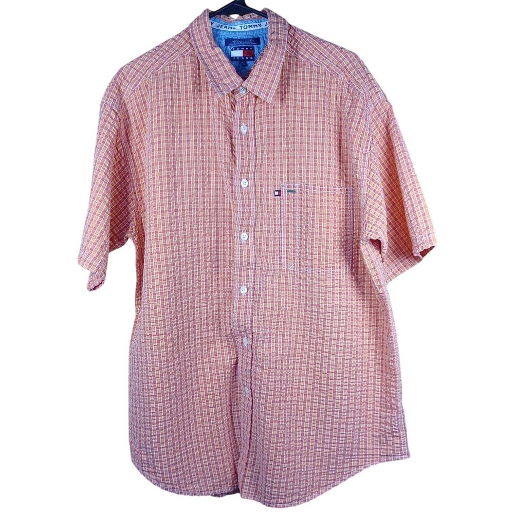 Vintage 90s Tommy Jeans Orange Plaid Short Sleeve Button Up Shirt Men's XL